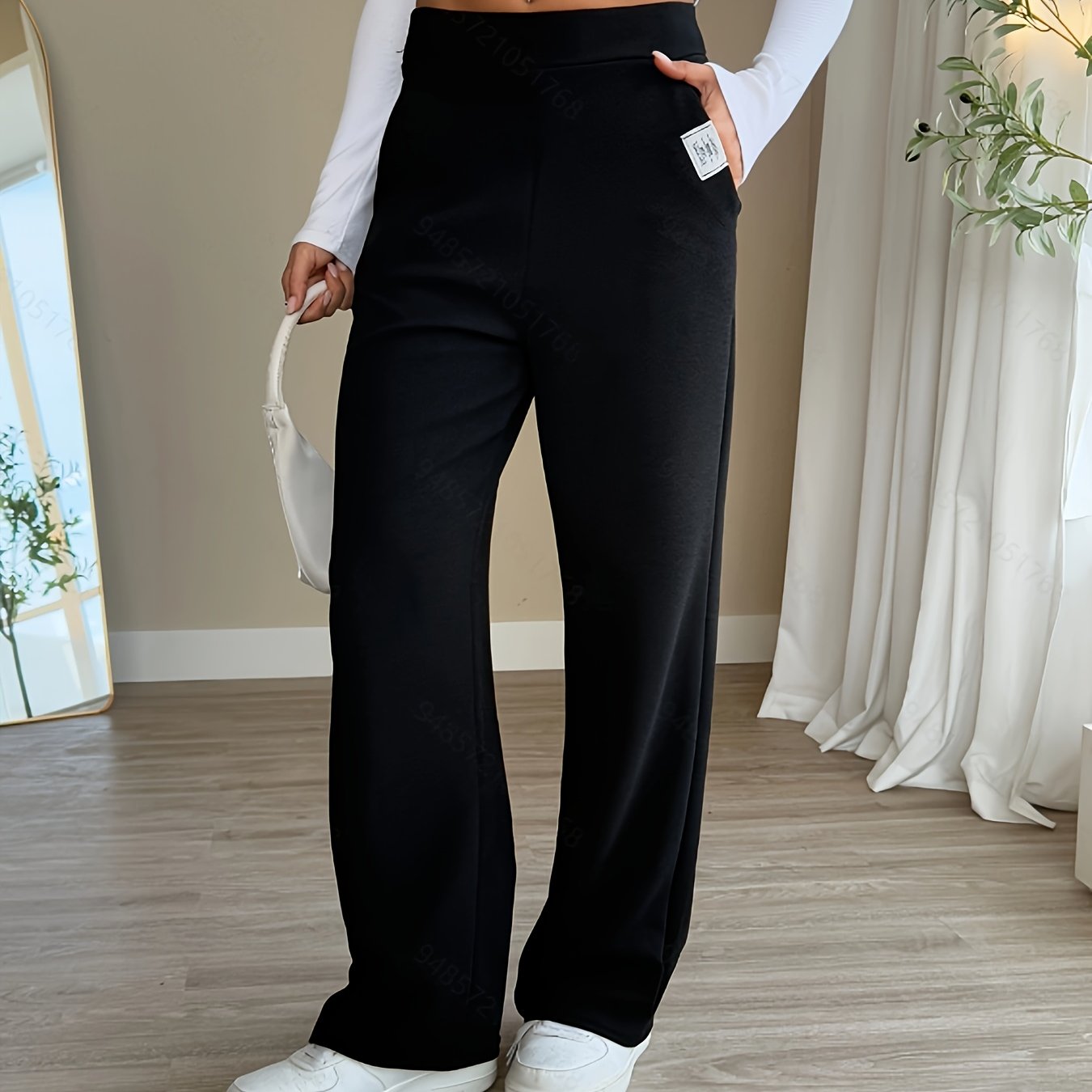 High - Waisted Casual Letter Patch Pocket Straight - Leg Pants - veyora