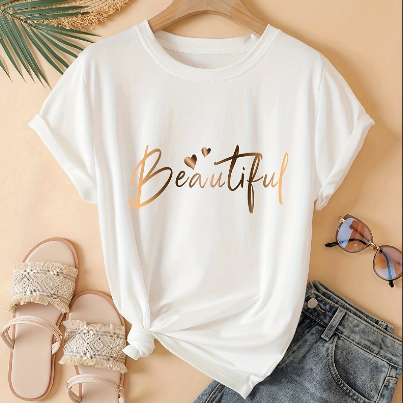 Casual Short - Sleeve T-Shirt for Women with a Heart - Shaped Letter Design, Featuring a Easy Round Neck And a Loose Fit Suitable for Spring And Summer - veyora