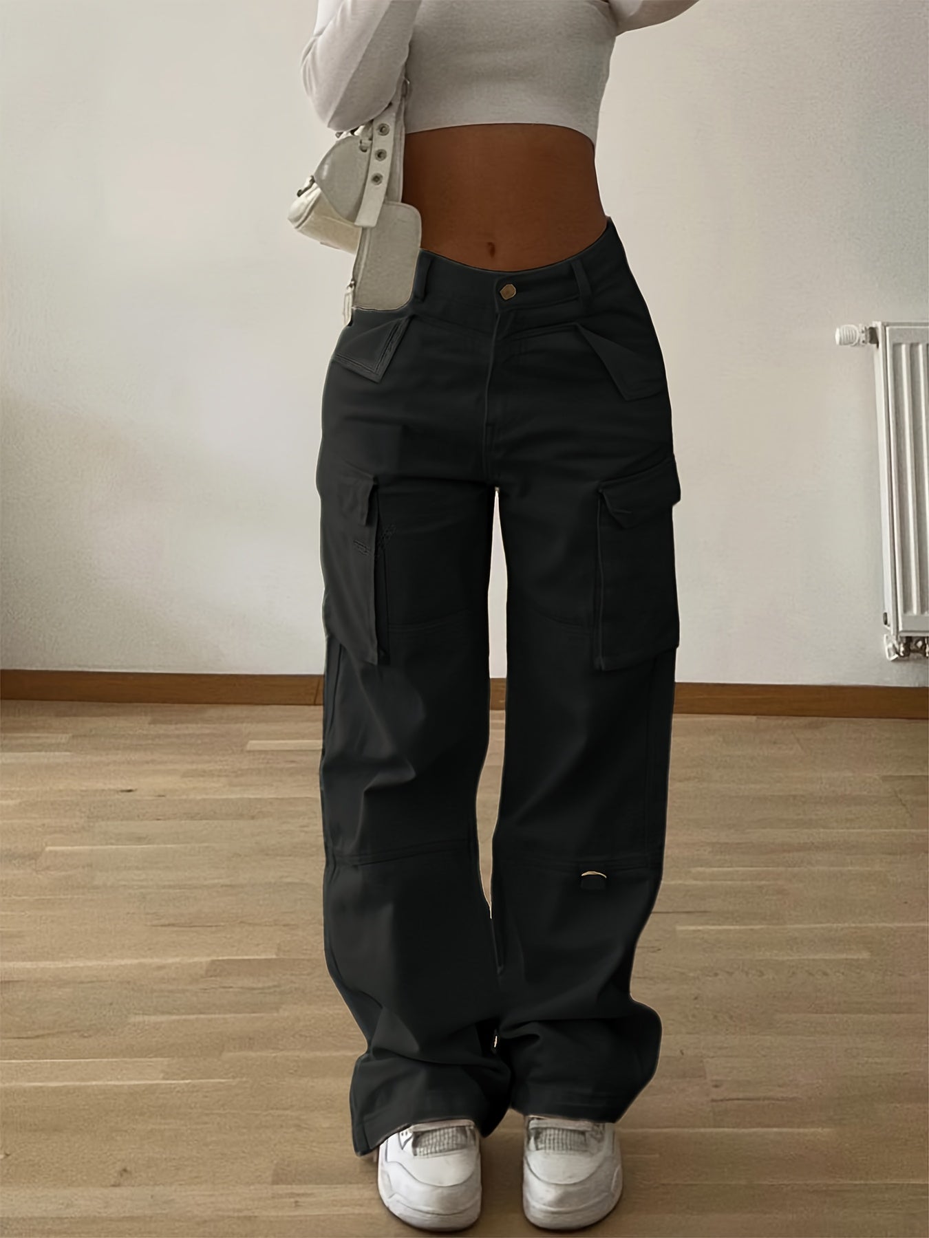 Designer Cargo Pants with Flap Pockets, Women's Elegant Casual K2Y Solid Color Trousers, Women's Pants - veyora