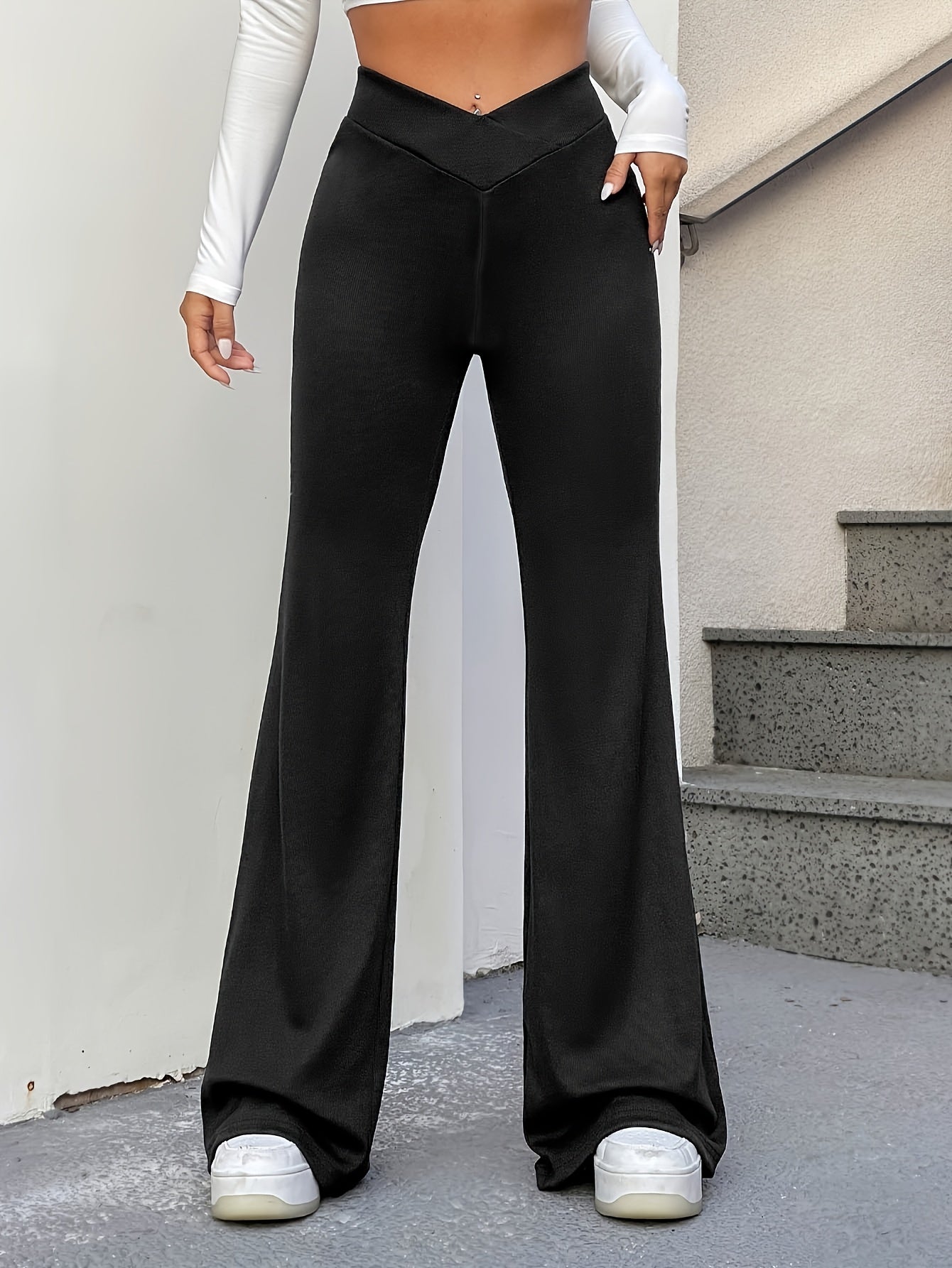Solid Flare Leg Pants, Casual Slim Cross Waist Pants For All Season, Women's Clothing - veyora