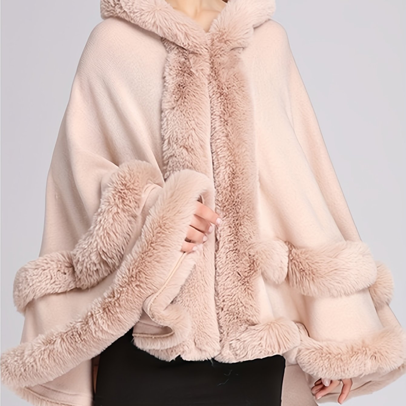 Women's Winter Cape - Style Faux Fur - Lined Hooded Cardigan - Burgundy Plush Open Front Oversized Coat for Cold Weather, Middle Eastern - Inspired Elegance, Dry Clean Only, Ladies Winter Coats, Cold Weather Apparel, Cape Style Outerwear, Luxury Fabric Coat - veyora