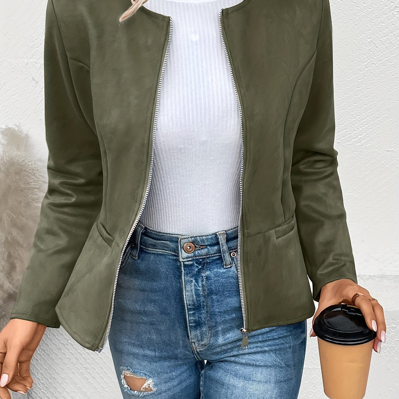 Ladies Fashion Round Neck Slim Top Long Sleeve Access Control Zipper Cardigan Cropped Jacket - veyora