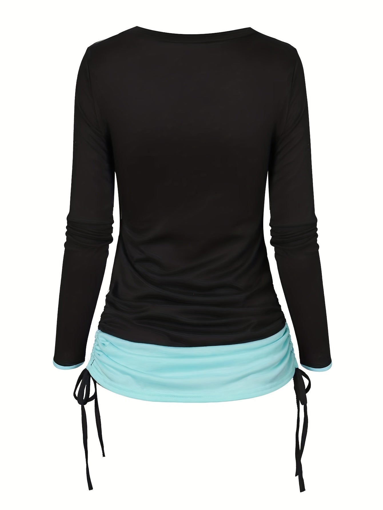 2 In 1 Moon & Sun Print Side Tie T-Shirt, Casual Colorblock Ruched Long Sleeve T-Shirt, Women's Clothing - veyora