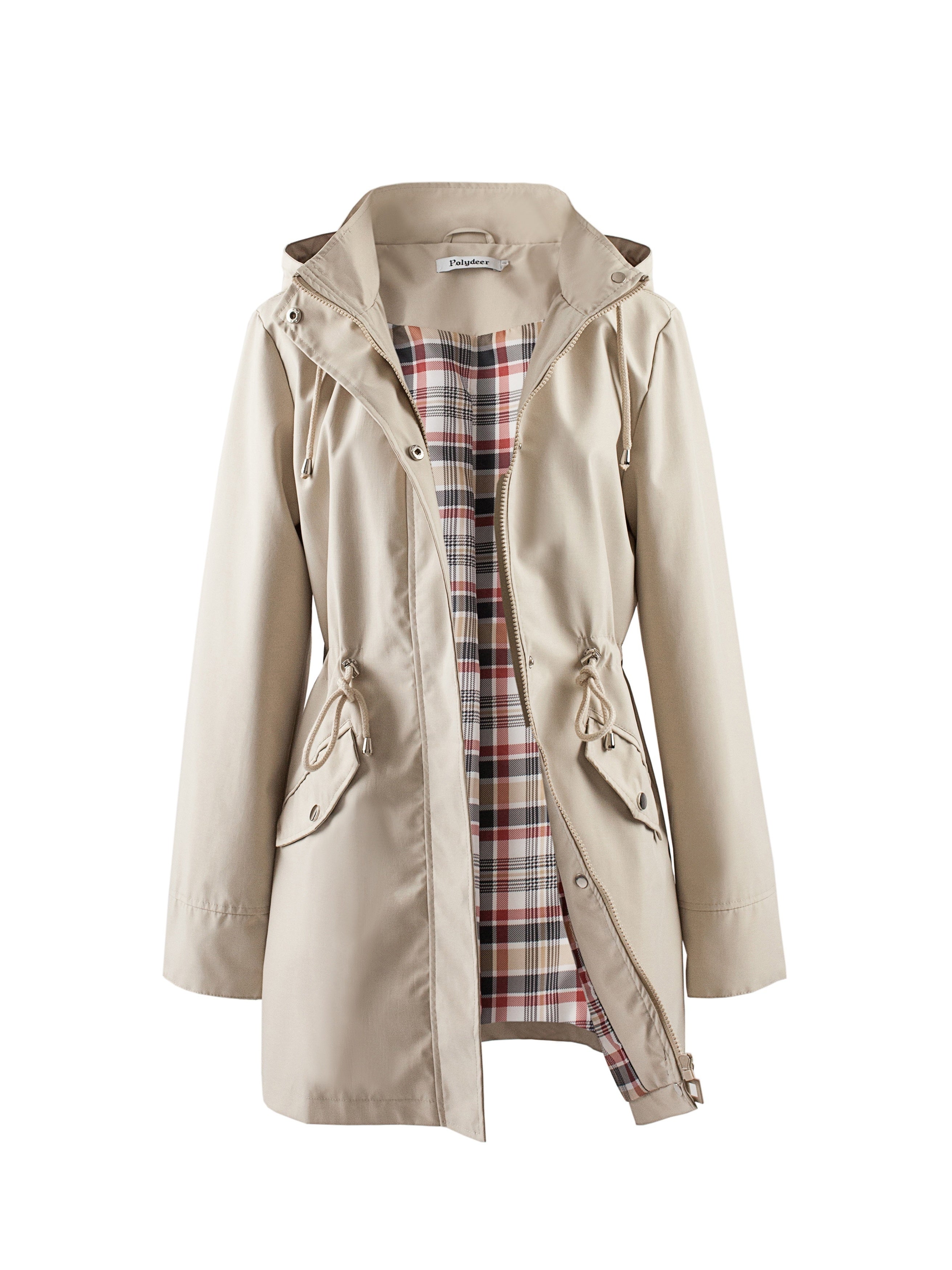 [Polydeer, Waterproof Raincoat] Elegant Green POLYDEER Women's Lightweight Waterproof Raincoat - Breathable, Zip-Up Casual Jacket with Plaid Lining, Adjustable Waist & 3 Pockets for All Seasons