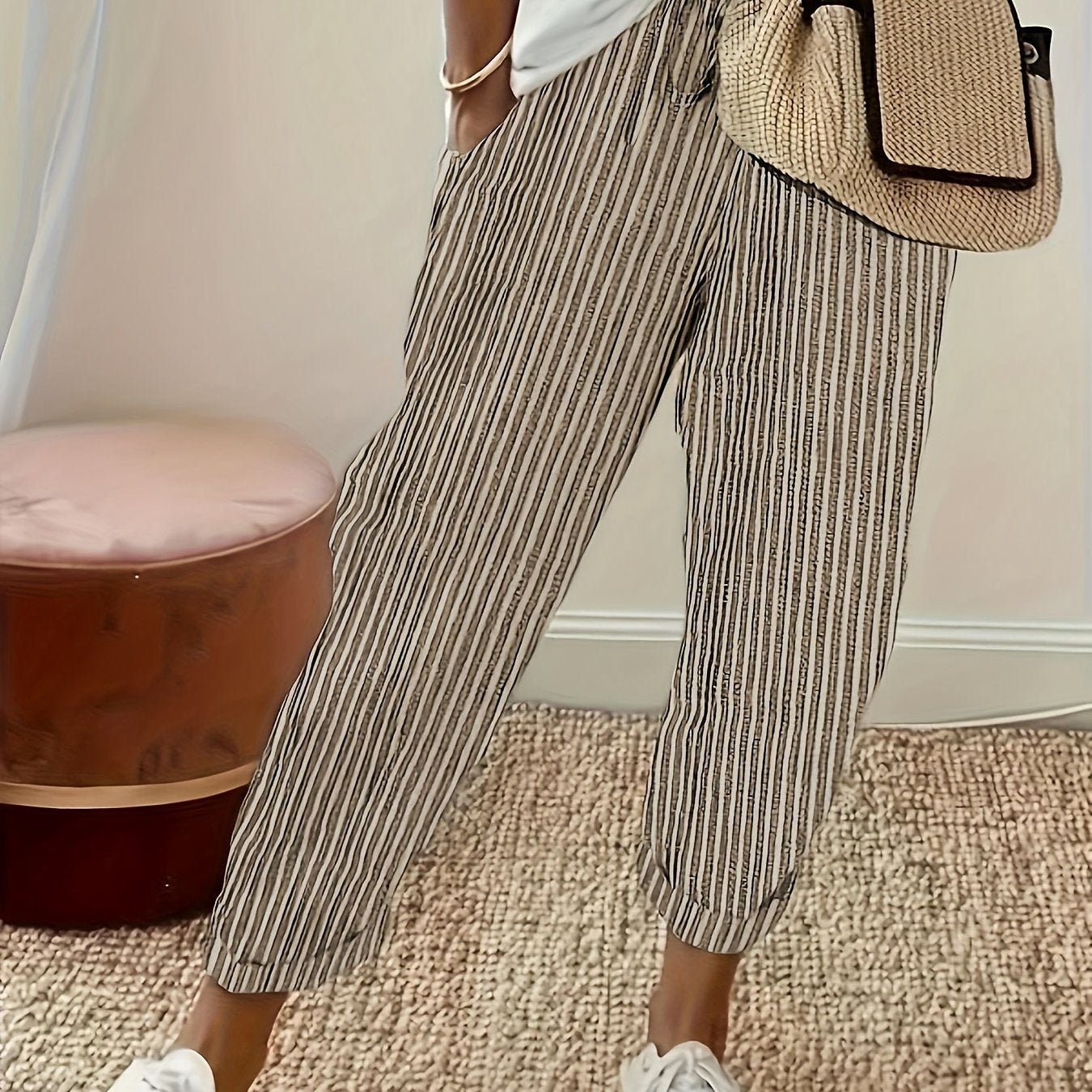 Women's Striped Wide - Leg Casual Pants - High - Waisted, Lightweight Polyester, Machine Washable, All - Season Comfort with Side Stripe Detail - veyora