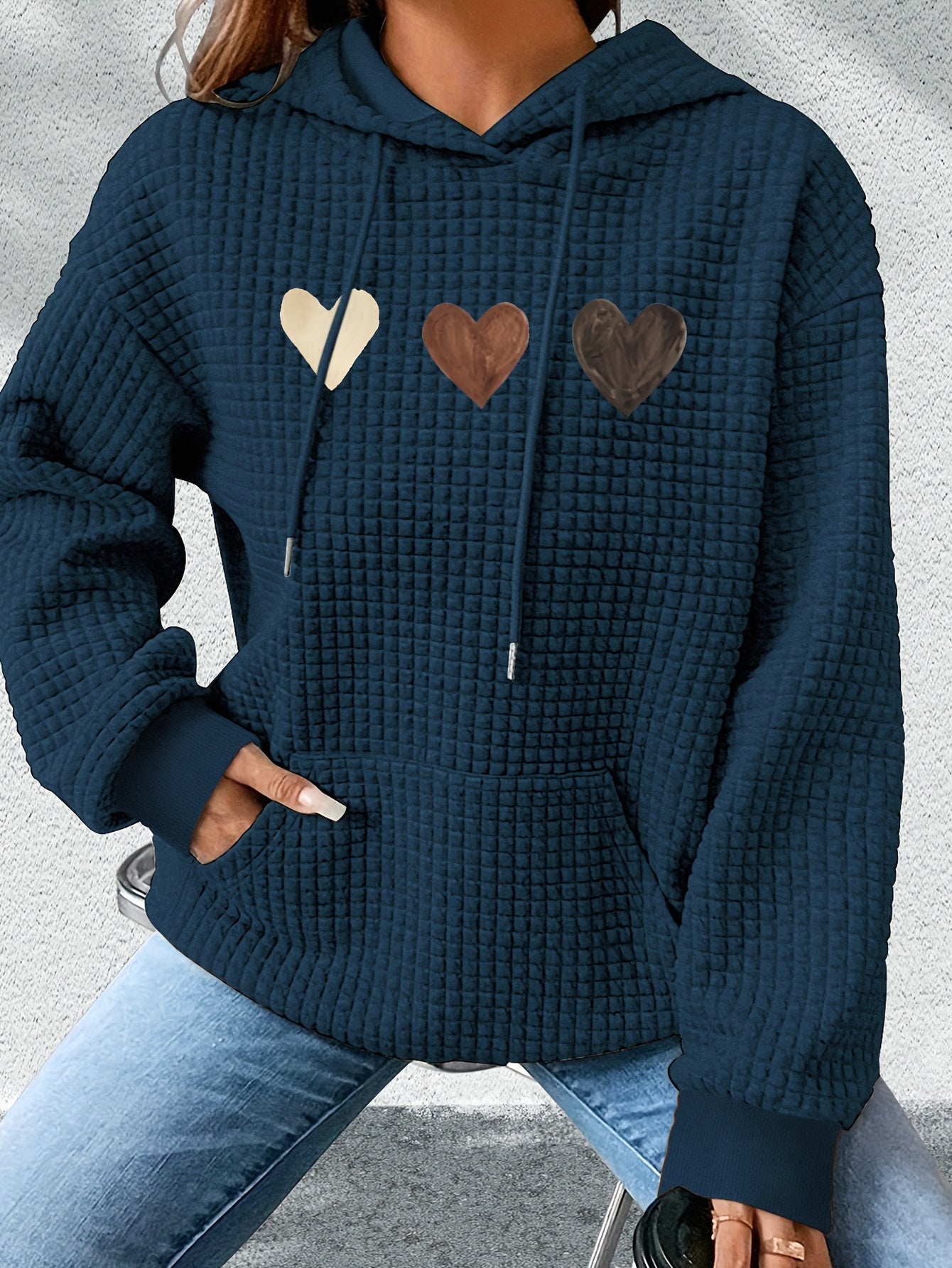 Women'S Long - Sleeve Hoodie with a Waffle Texture Featuring a Repeated Heart Pattern - veyora