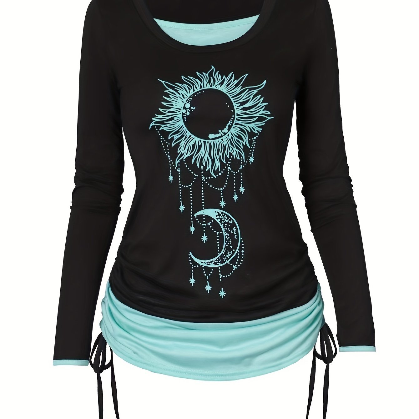 2 In 1 Moon & Sun Print Side Tie T-Shirt, Casual Colorblock Ruched Long Sleeve T-Shirt, Women's Clothing - veyora