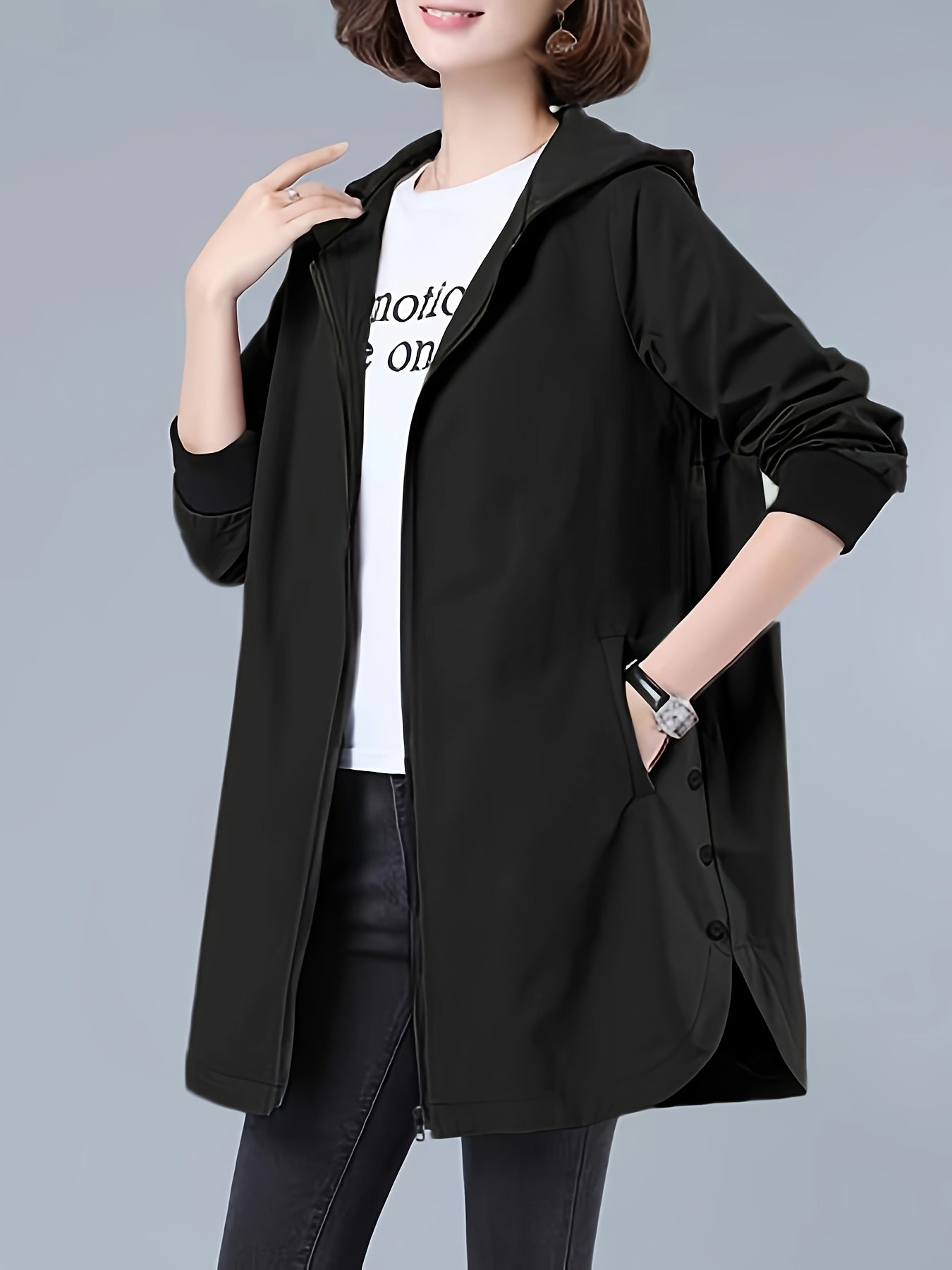 Women's Casual Hooded Jacket with Letter Print - Zip - Up, Long Sleeve, Polyester - Machine Washable - Perfect for Spring/Fall - veyora