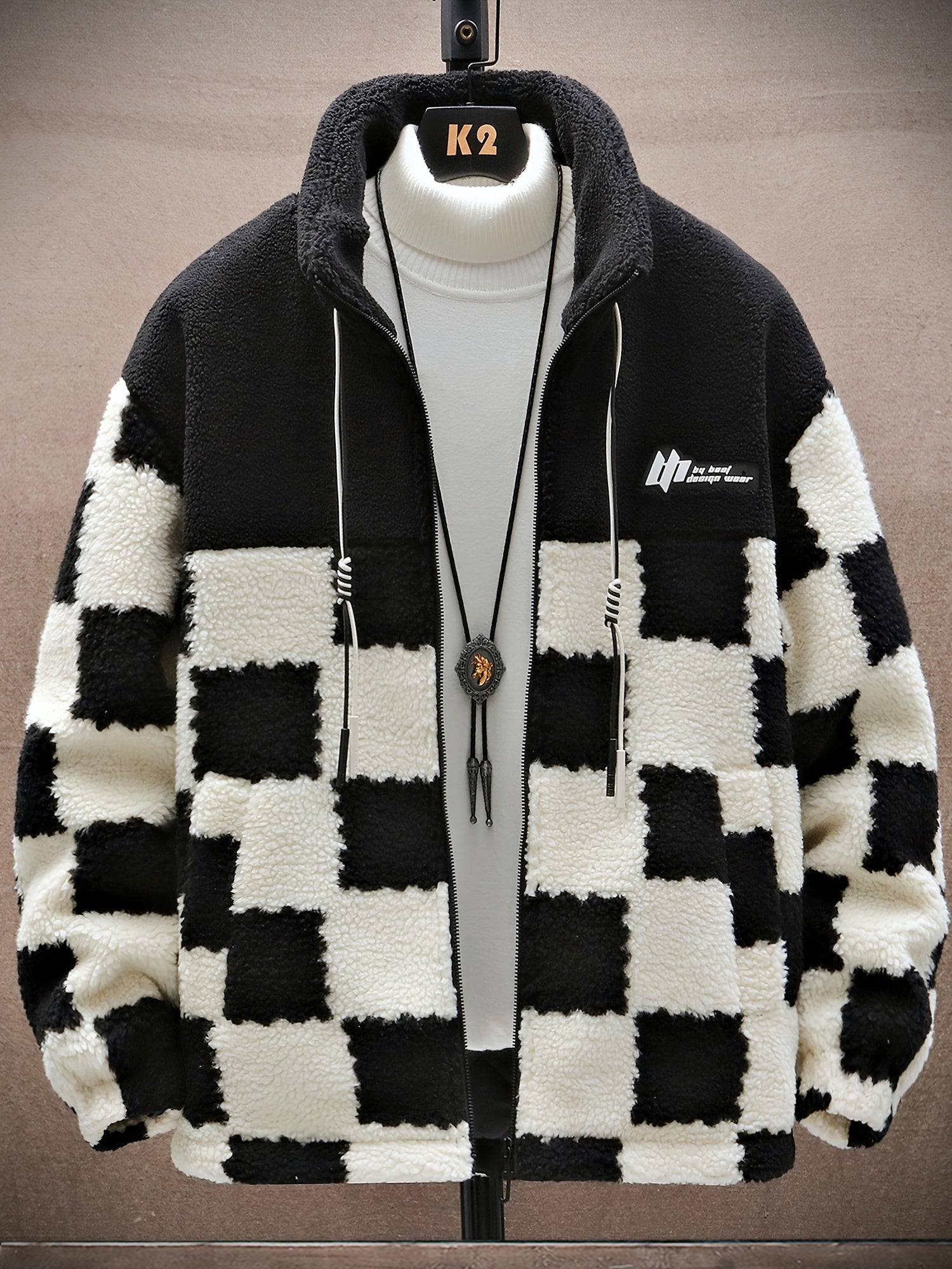 Men's Cold - Weather Jacket, Loose Stand - Up Collar Jacket with Checkerboard Color - Block Patchwork Design, Suitable for Daily Commuting, Campus Wear, and Weekend Shopping, Warm and Soft, Loose Fit for a Slimming Effect, Stylish and Versatile - veyora