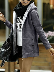 Women'S Autumn And Winter Fleece Hooded Jacket, Windproof And Warm, Stylish And Casual, Long - Sleeved, Solid Color with Patch Pockets And Zip - Up Front - veyora