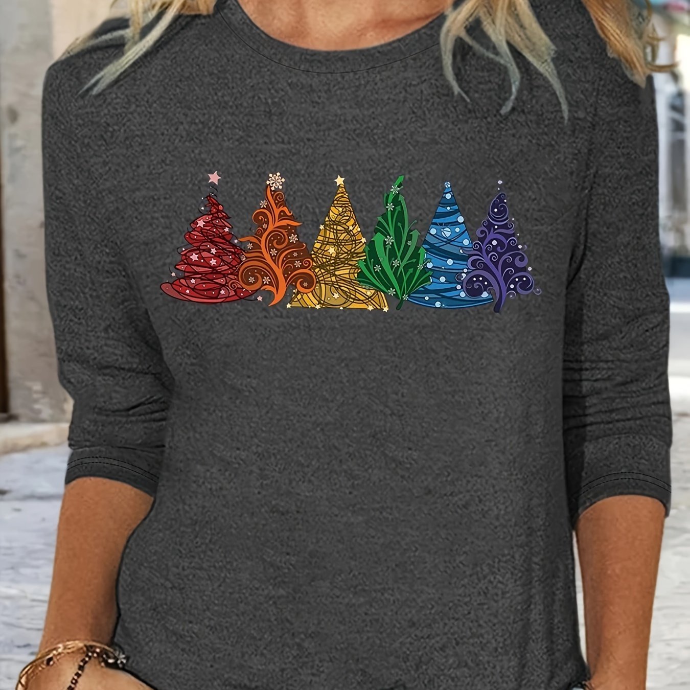 Christmas Spring/Autumn New Arrival Positioning Print Crew Neck Long Sleeve Loose Fit Base Layer T-Shirt, Machine Washable - Suitable for Spring/Autumn Daily Wear and Home Use - veyora
