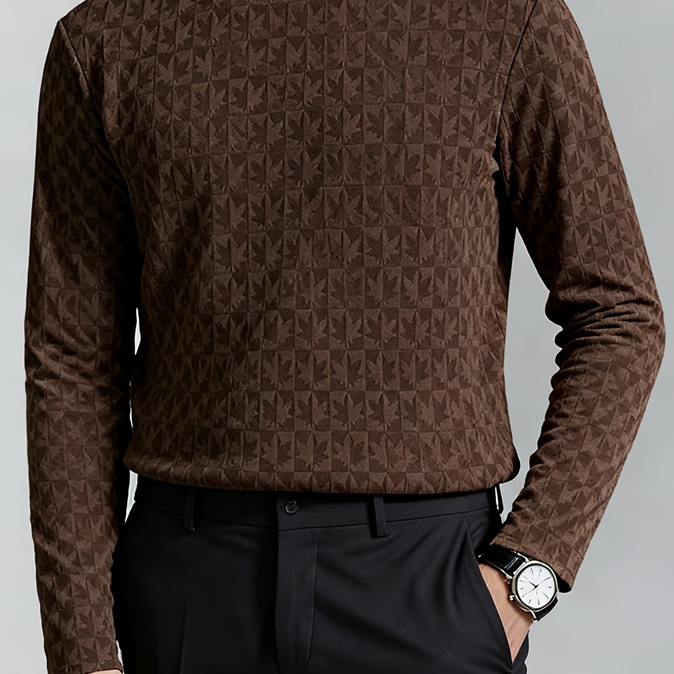 Men'S T-Shirt Long - Sleeved Semi - High Collar Casual Jacquard Base Shirt Outerwear Fashion High - Quality Autumn And Winter Top - veyora