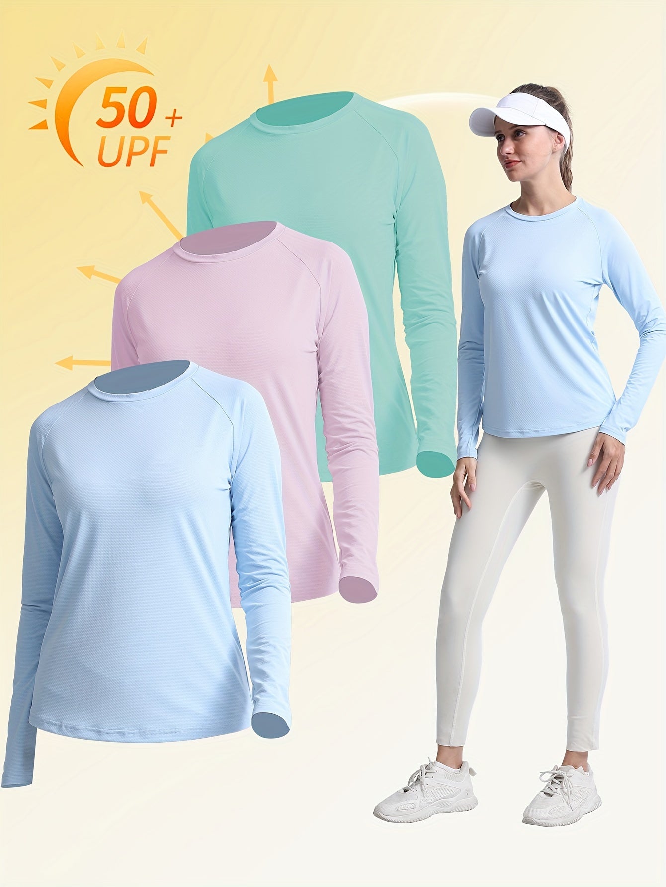 [UPF50+ Quick Dry Shirt] 3pcs UPF50+ Quick Dry Women's Sun Protection Shirt - Long Sleeve Athletic Top, Comfort Fit