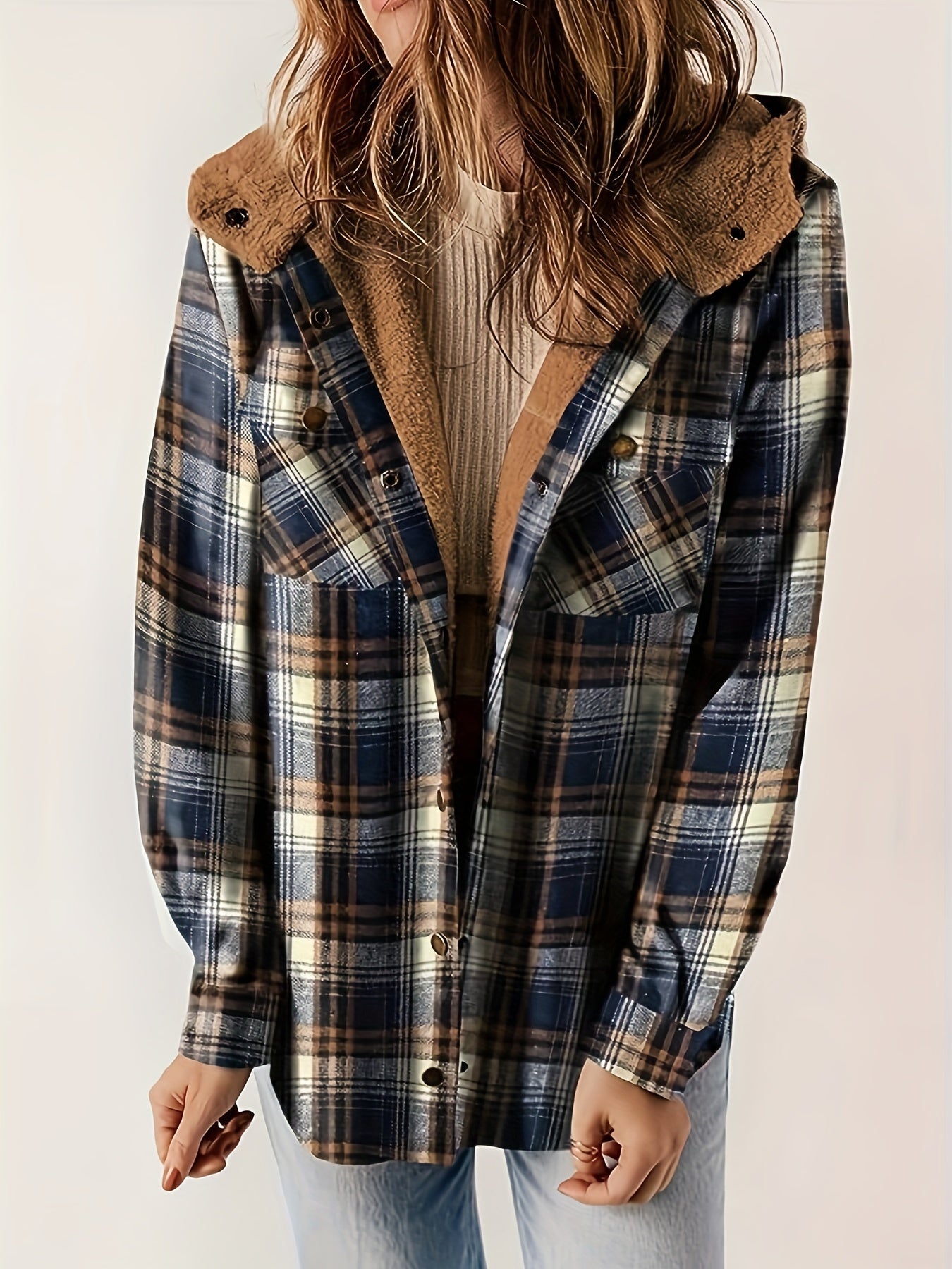 Autumn/Winter Women's Plaid Long - Sleeve Hooded Warm Jacket - veyora