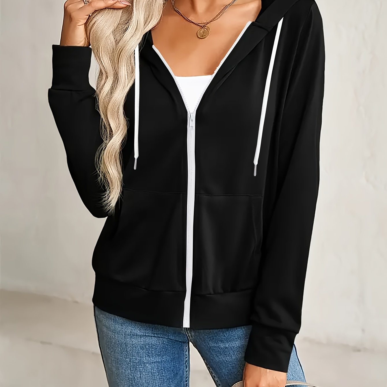 Fashion Women's Hooded Zip - Up Sweatshirt - Solid Color, Long Sleeve, Casual Sportswear with Adjustable Drawstring and Smooth Zipper Closure - Comfortable and Trendy - veyora