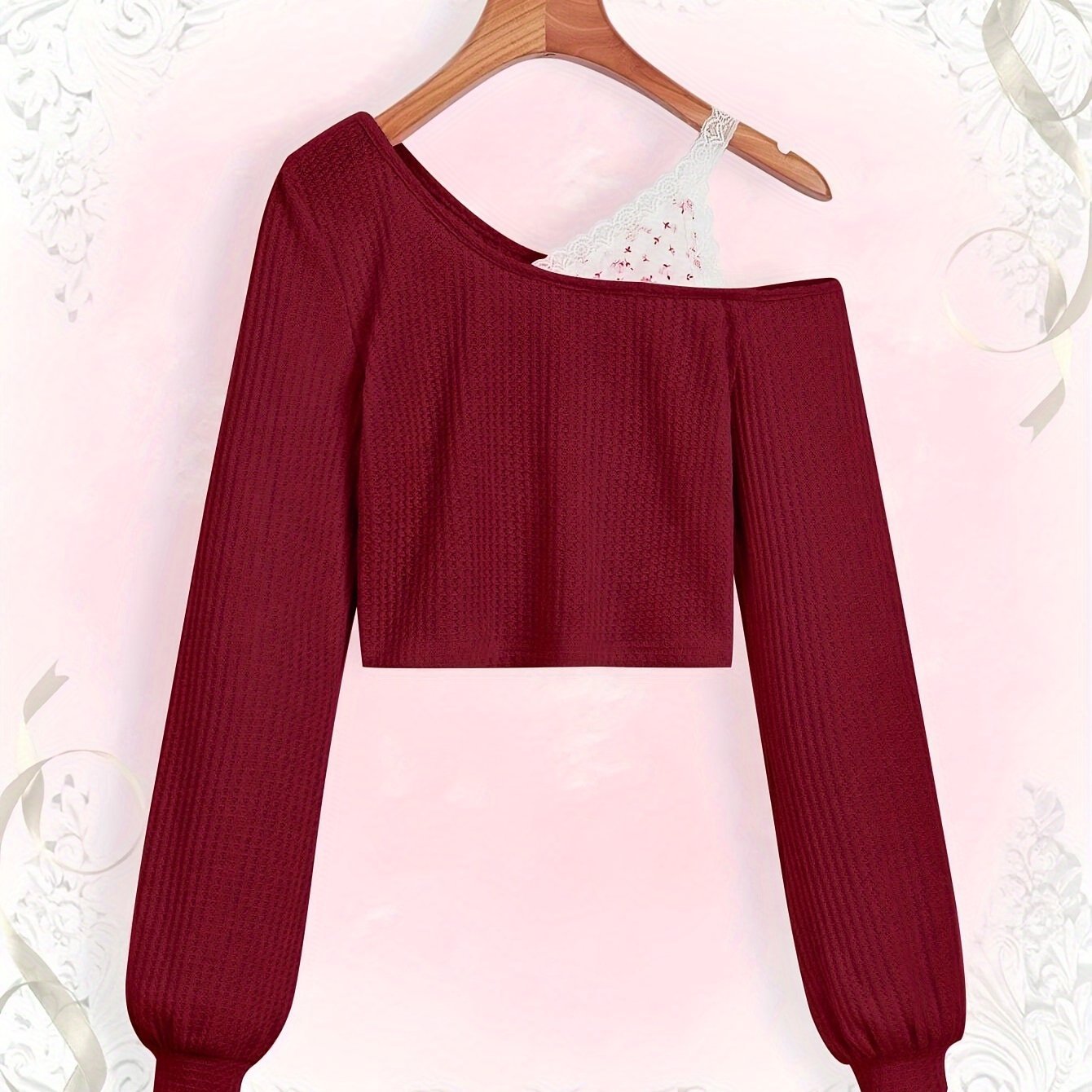 Spring and Autumn Lace Strapless Off - Shoulder Slant Collar T-shirt - veyora