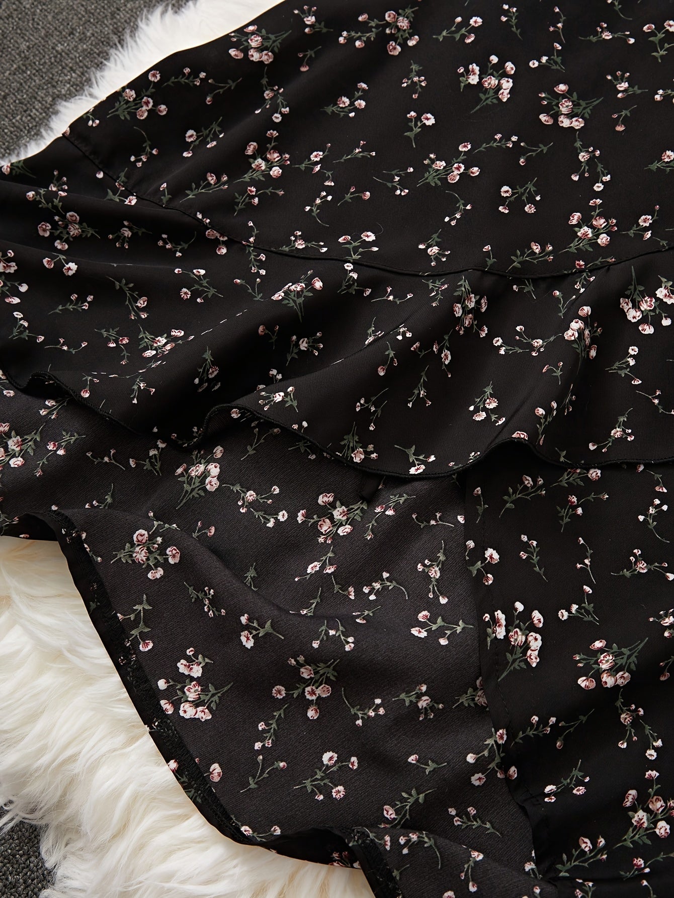 Elegant Short Sleeve Floral Print Surplice Neck Tie Waist Ruffle Hem Dress, Women's Clothing