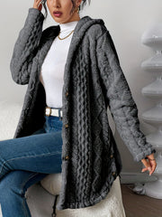 Elegant Beige Quilted Faux Fur Hooded Cardigan - Cozy Long Sleeve, Button Front Outerwear with Diamond Pattern, Perfect for Fall/Winter, Machine Washable