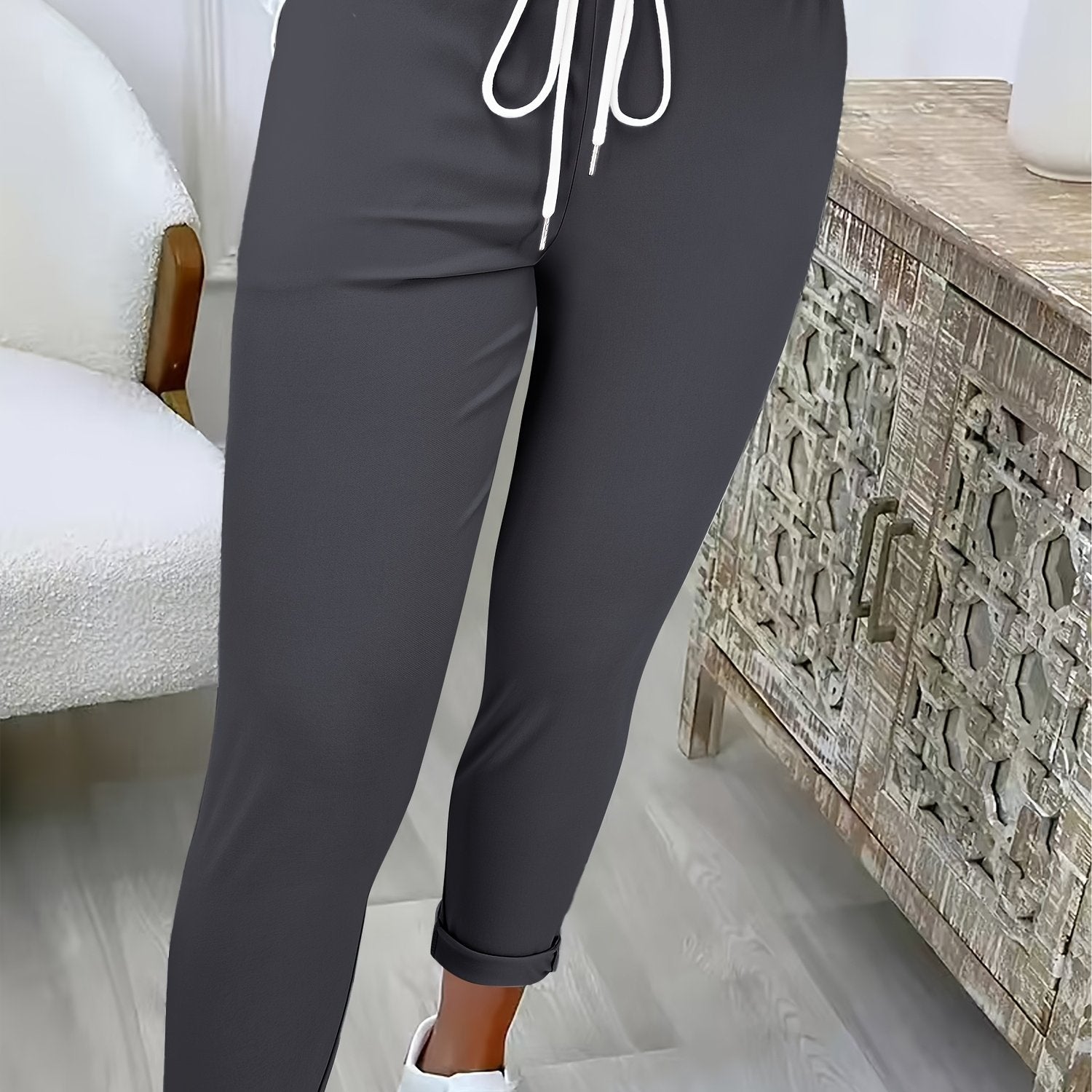 Women's Solid Color Casual Wide - Pants with Elastic Drawstring Waist - Trousers Suitable for, Casual Attire & Semi - Formal Attire - Machine Washable Solid Color Pants - veyora
