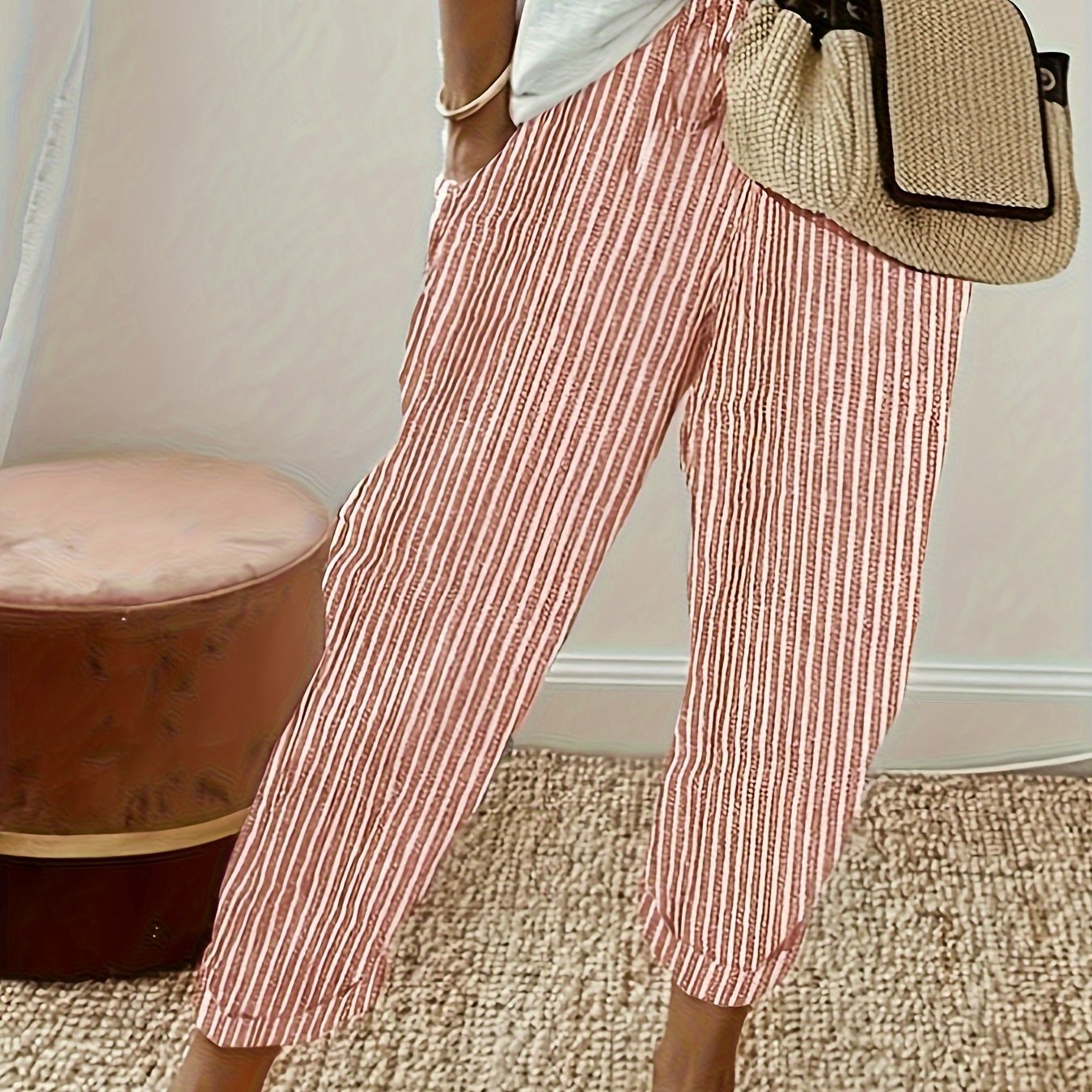 Women's Striped Wide - Leg Casual Pants - High - Waisted, Lightweight Polyester, Machine Washable, All - Season Comfort with Side Stripe Detail - veyora