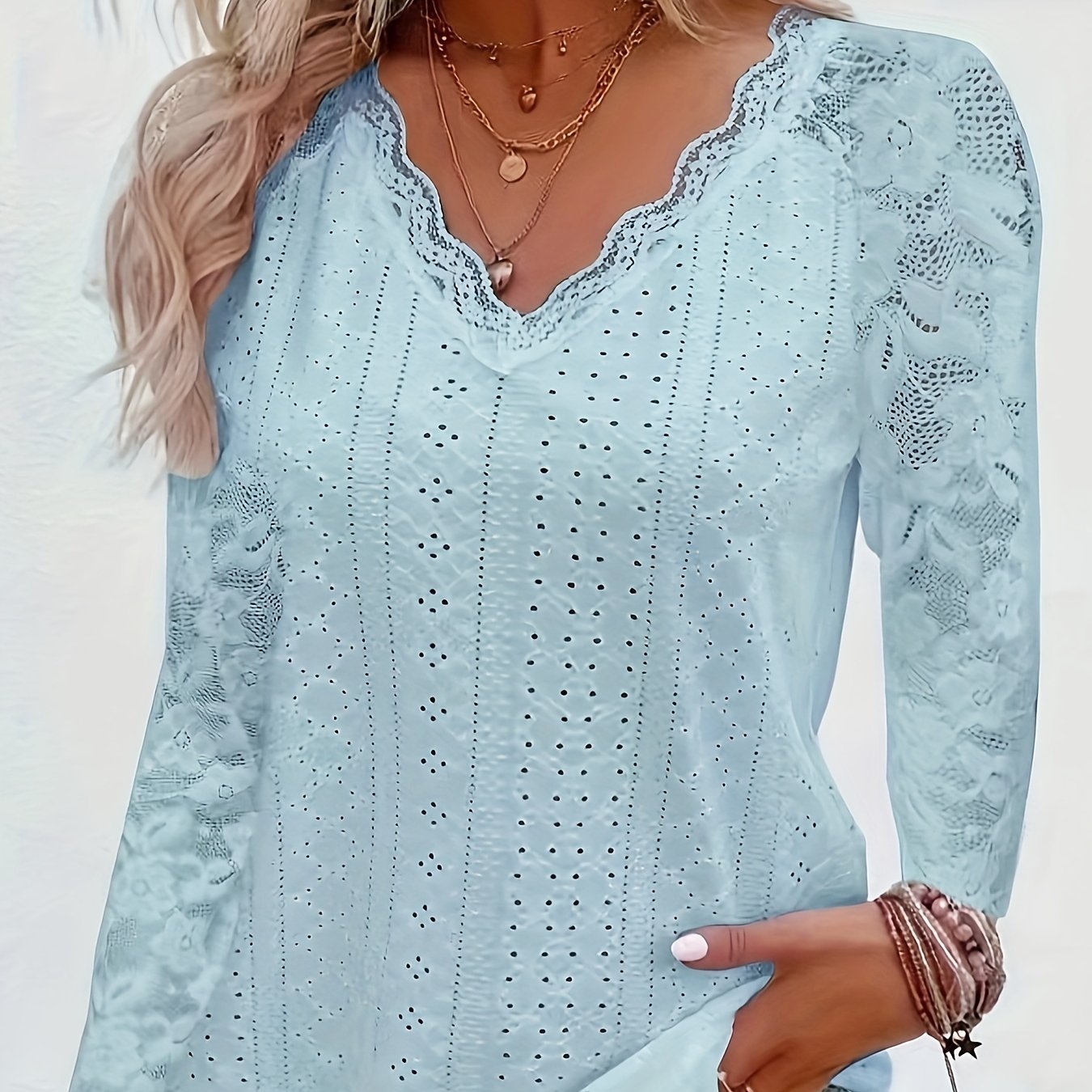 Contrast Lace V - neck Eyelet T-Shirt, Elegant Long Sleeve T-Shirt For Spring & Fall, Women's Clothing - veyora