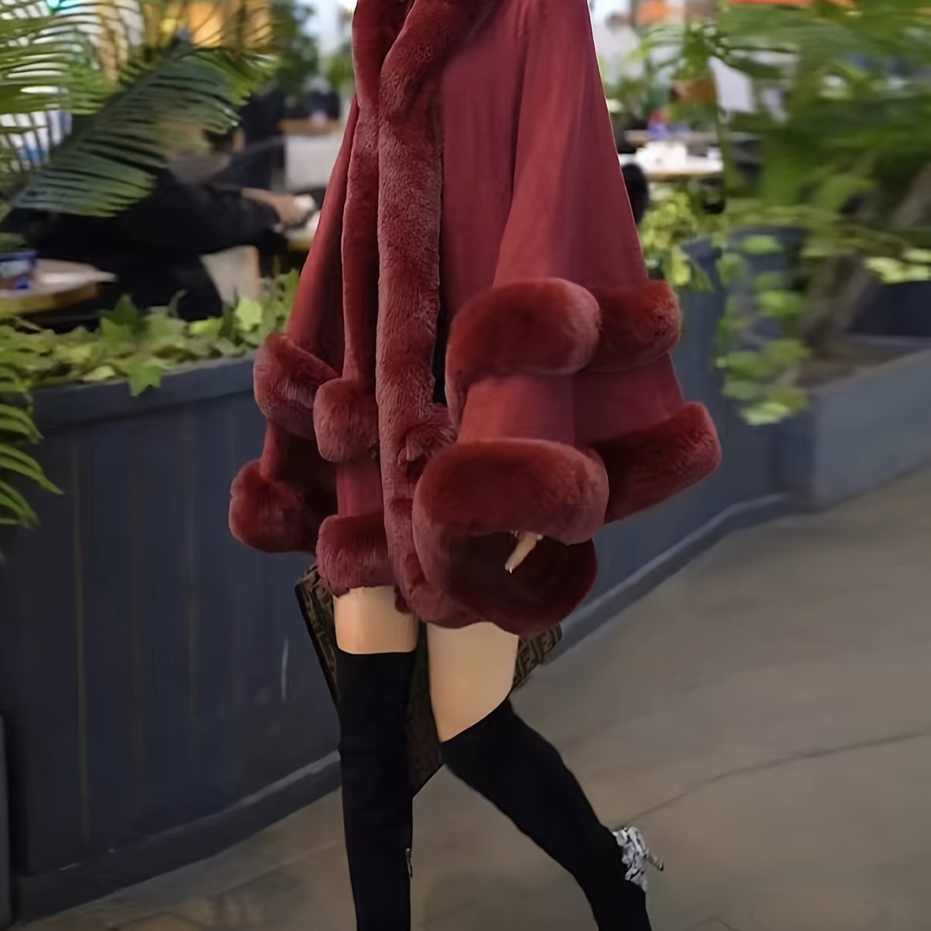 Women's Winter Cape - Style Faux Fur - Lined Hooded Cardigan - Burgundy Plush Open Front Oversized Coat for Cold Weather, Middle Eastern - Inspired Elegance, Dry Clean Only, Ladies Winter Coats, Cold Weather Apparel, Cape Style Outerwear, Luxury Fabric Coat - veyora