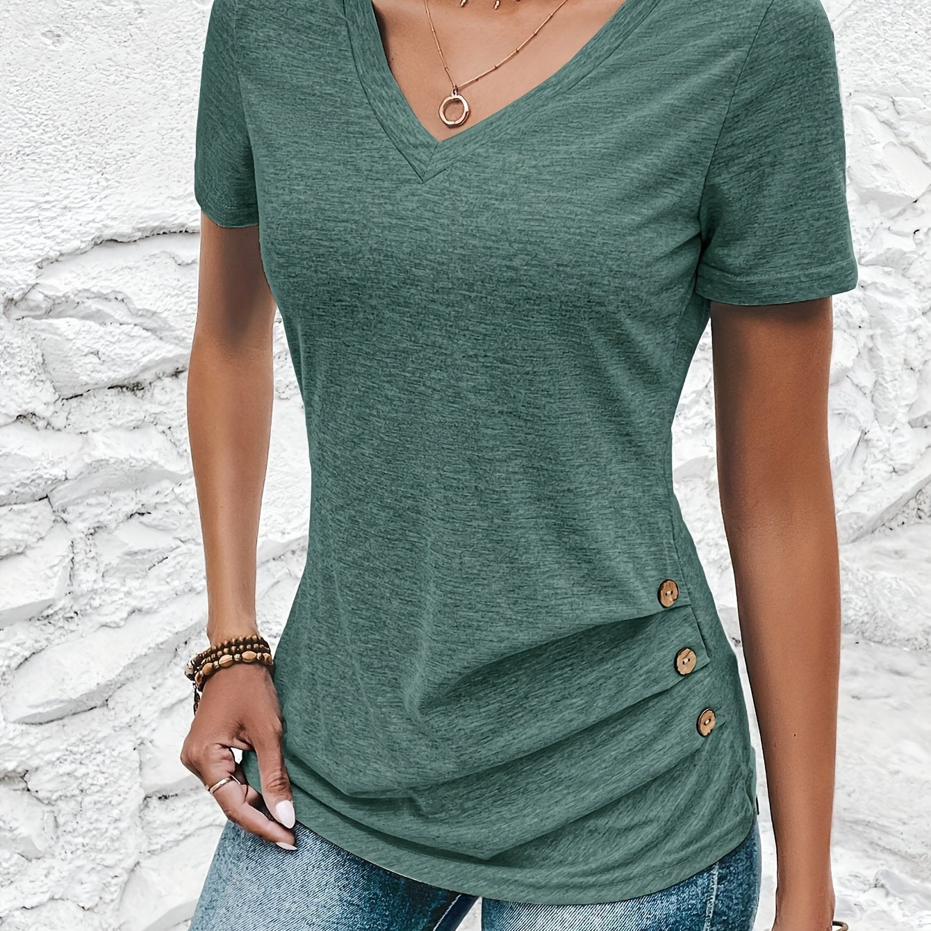 Women's Elegant Casual V - Neck Button - Front T-Shirt with Decorative Buttons - Soft Breathable Top, Regular Fit for Spring Summer Fall, Machine Washable Solid Color Blouse, Seasonal Versatile Shirt, Stylish Button Detailing, Construction - veyora