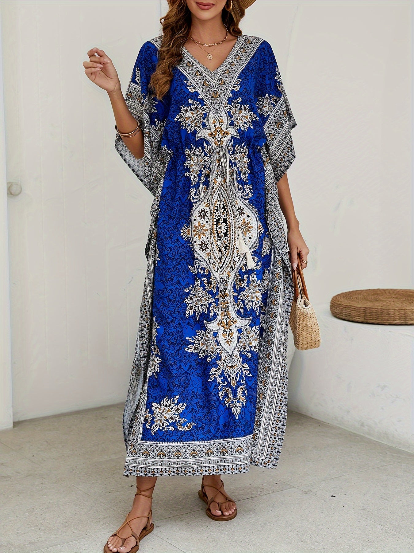 Women's Middle Eastern Muslim Robe, Loose V-Neck Beach Sun Protection Party Casual Bohemian Dress