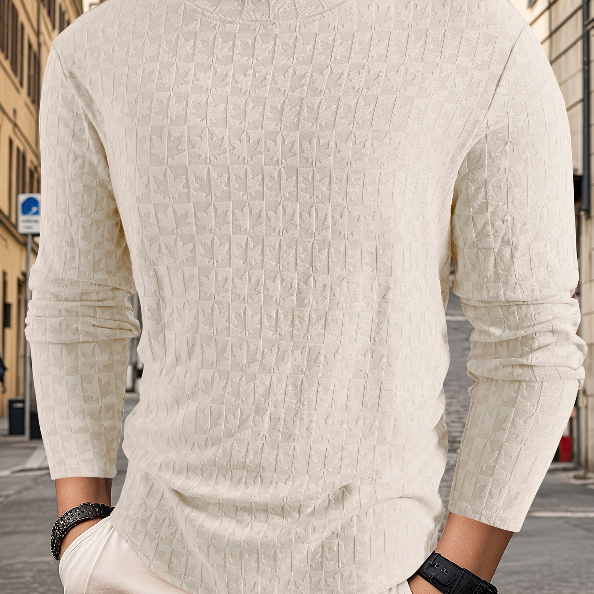 Men'S T-Shirt Long - Sleeved Semi - High Collar Casual Jacquard Base Shirt Outerwear Fashion High - Quality Autumn And Winter Top - veyora