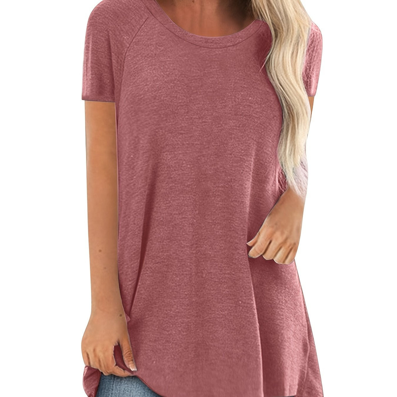 Women's Round Neck V - Neckline Longline Solid Color Short Sleeve T-Shirt - veyora