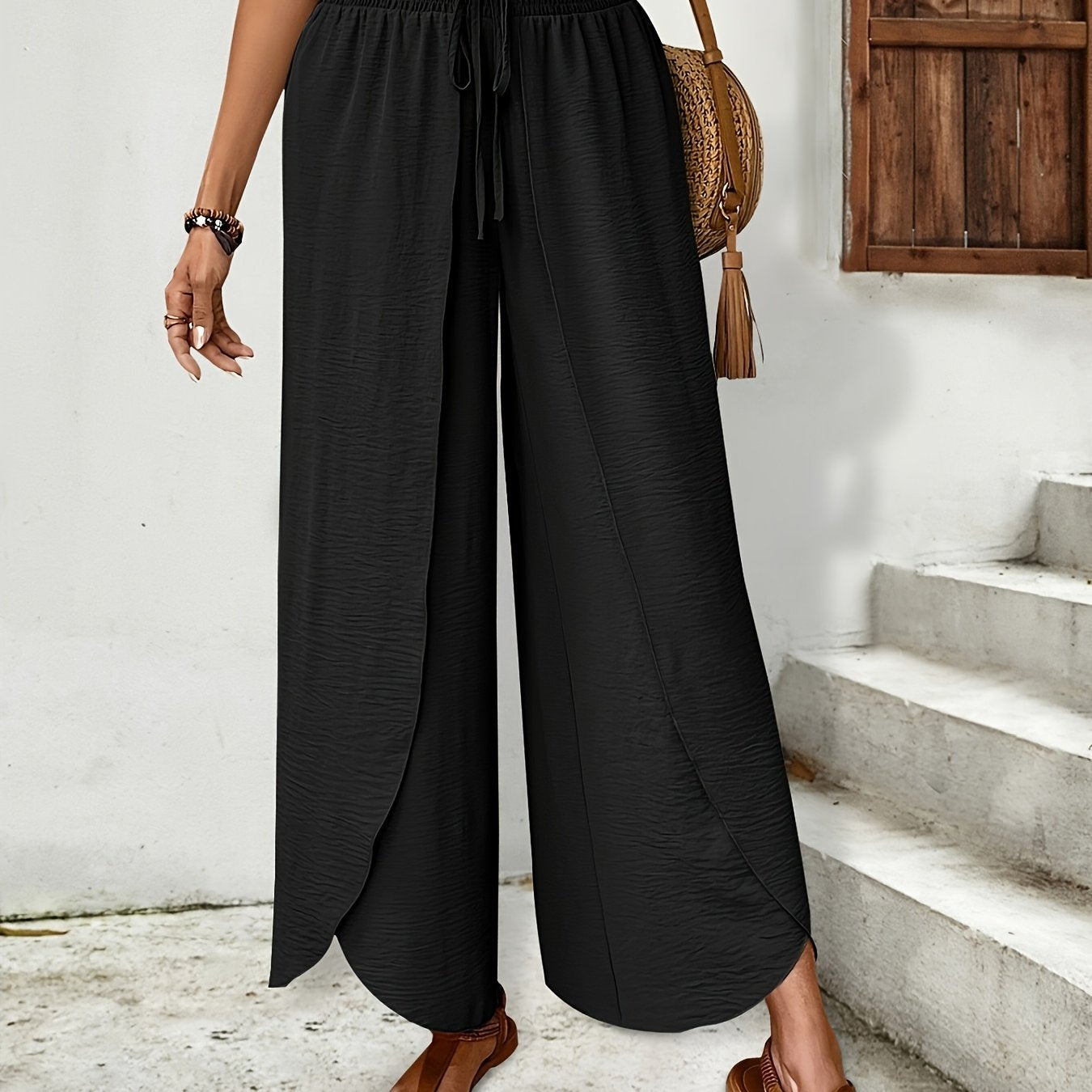 Elegant and Graceful Wide - leg Casual Pants with Overlapping Curved Hem Design - veyora