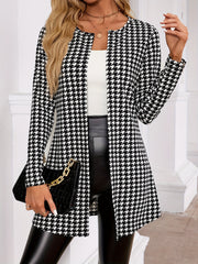 Houndstooth Open Front Outwear, Versatile Long Sleeve Outwear For Spring & Fall, Women's Clothing
