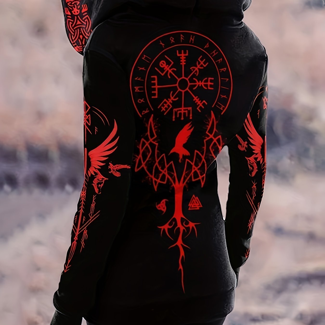 Viking Tribal Full - Body Print Hooded Zipper Hoodie - Retro Norse Totem & Viking Warrior Design, H - Line Silhouette, High Elasticity All - Season Casual Outerwear, Machine Washable - veyora