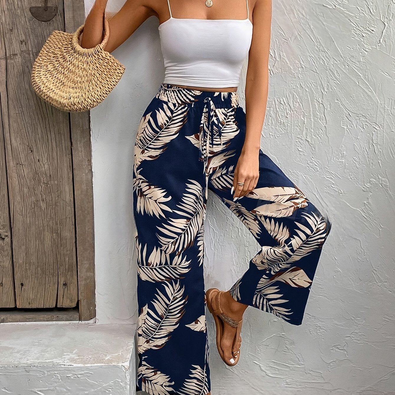 Floral Print Fake Drawstring Waist Wide Leg Pants, Casual & Versatile High Waist Pants For Spring & Summer, Women's Clothing - veyora