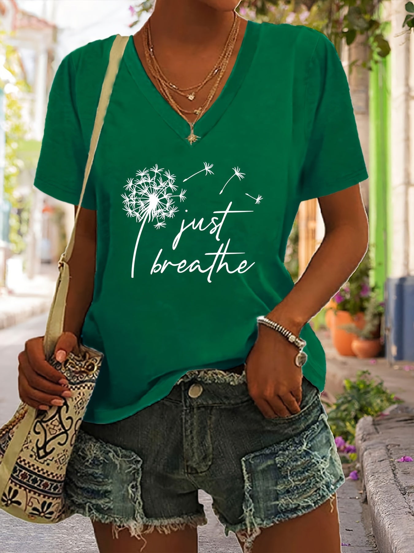 Dandelion Print T-Shirt, V Neck Short Sleeve Summer Casual Top, Women's Clothing - veyora