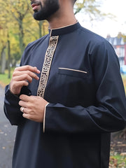 Elegant Men'S Embroidered Traditional Thobe, Polyester, Non-Stretch Fabric, Solid Color, Stand Collar, Regular Fit, Woven, for All Seasons, Muslim Festival Attire