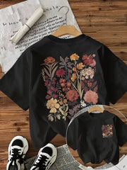 Women's Casual Short Sleeve Round Neck T-Shirt - Vibrant Geometric Floral Print, Semi - Sheer Comfortable Fabric, Machine Washable, Regular Fit H - Silhouette for All - Season Wear, Breathable Summer Top, Natureinspired Design, Lightweight Fabric - veyora