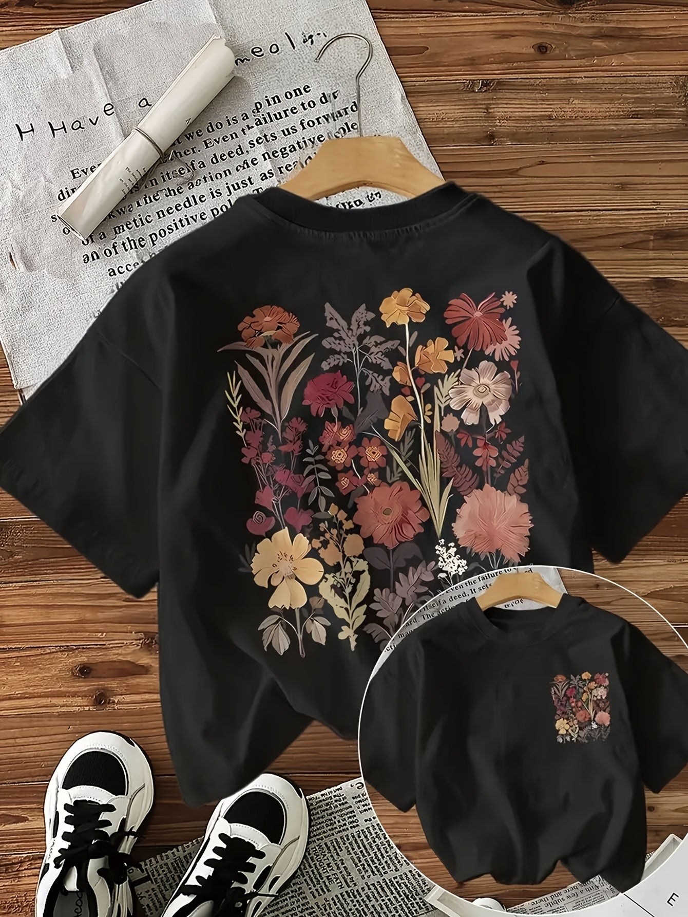 Women's Casual Short Sleeve Round Neck T-Shirt - Vibrant Geometric Floral Print, Semi - Sheer Comfortable Fabric, Machine Washable, Regular Fit H - Silhouette for All - Season Wear, Breathable Summer Top, Natureinspired Design, Lightweight Fabric - veyora