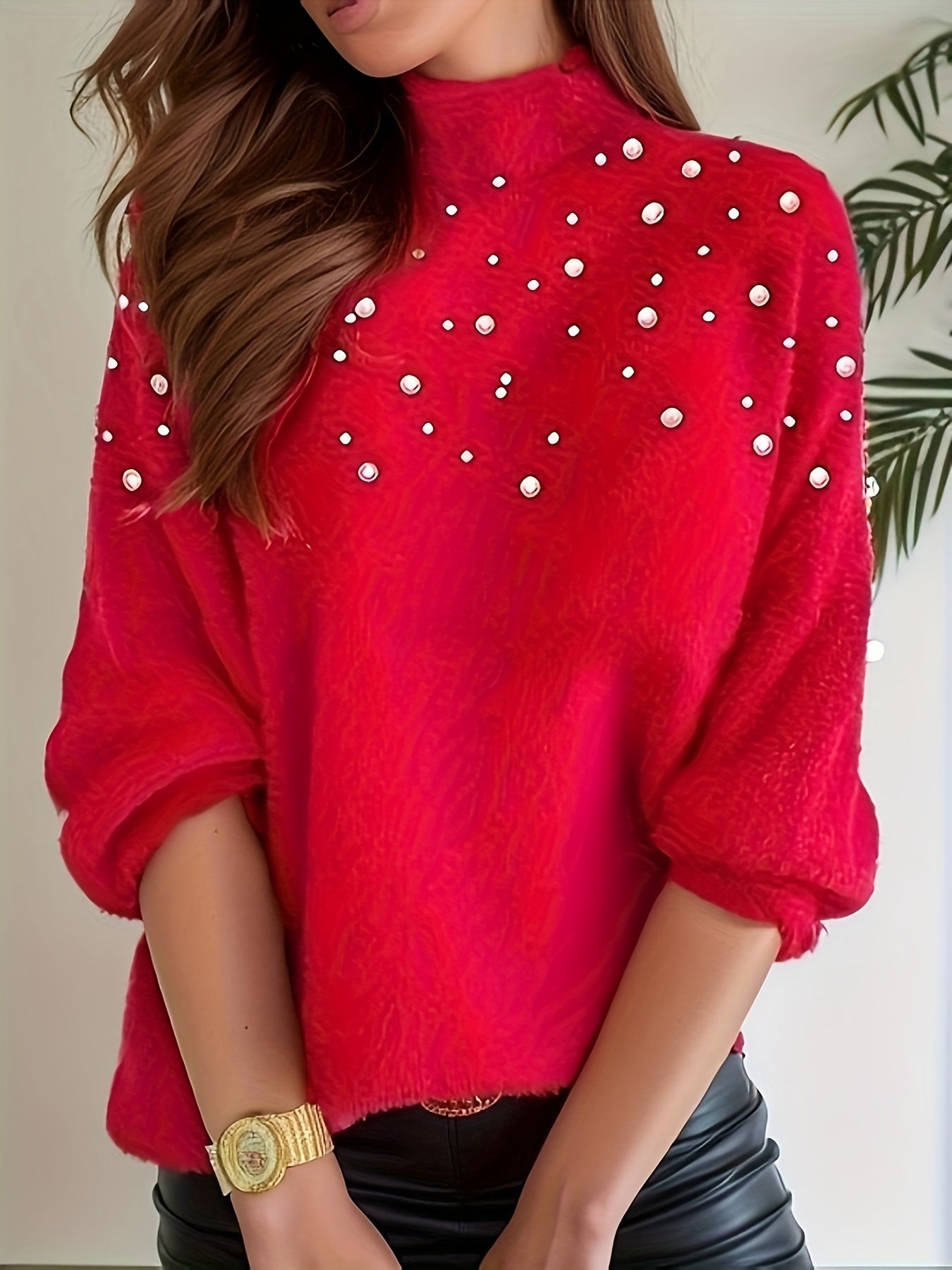 High - Neck Fashion Pearl Beaded Pullover, Long Sleeve Casual Women's Sweater - veyora
