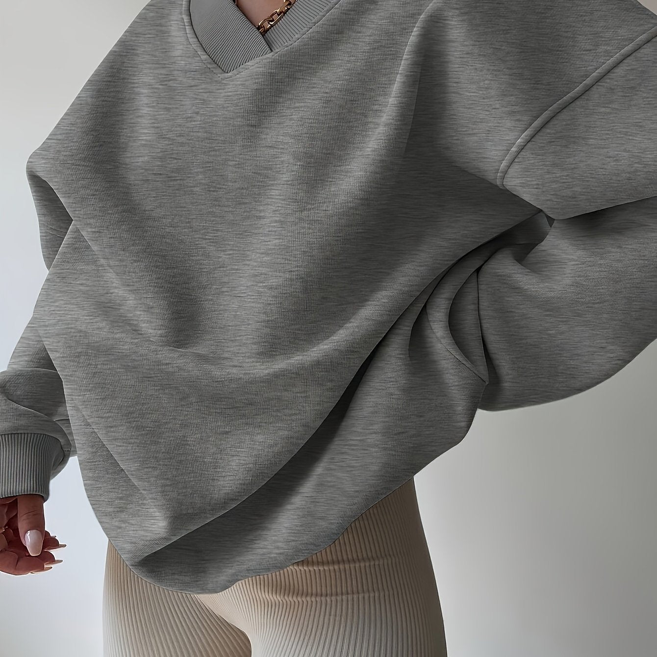Women'S Fashion Large Cross - collar Loose Version Sweatshirt | Casual V - neck, Slight Stretch Fabric, Solid Color, Fall/Winter Season, Pullover Style, Brand: WCQ - veyora
