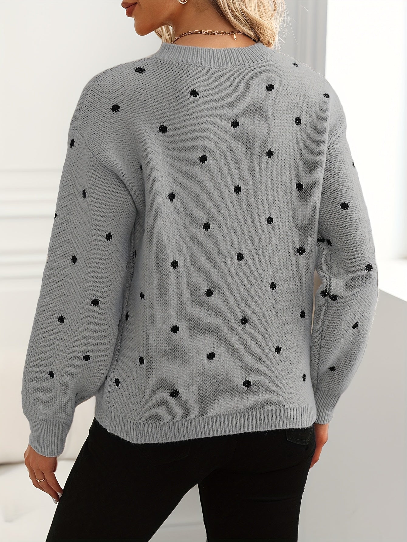 Polka Dot Pattern Knit Sweater, Casual Long Sleeve Crew Neck Sweater, Women's Clothing