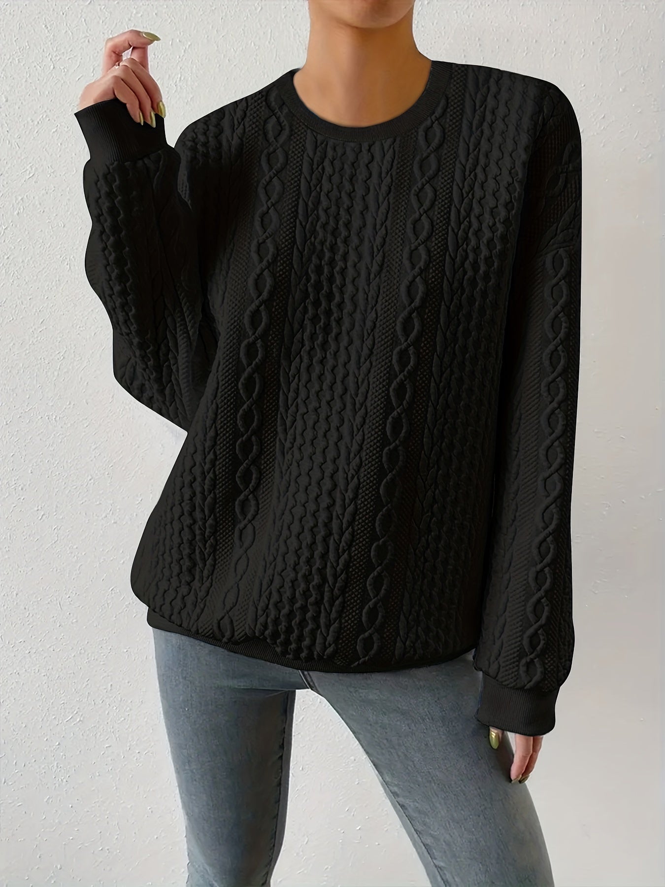 Women's Casual Textured Round Neck Pullover Sweatshirt - Loose Fit Raglan Sleeves, Medium Stretch, Machine Washable, All - Season Comfort, Cute Sweatshirts - veyora
