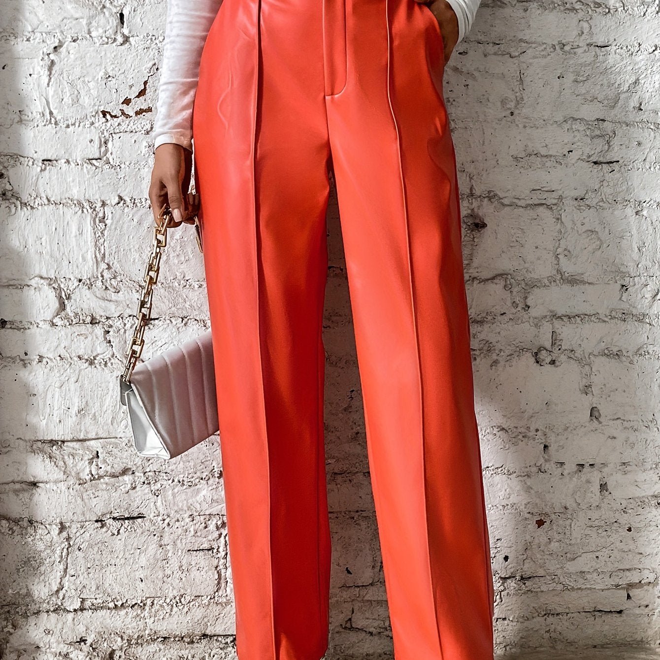 Women'S PU Faux Leather Straight - Leg Pants Featuring a Center Crease on The Front of The Legs, a Button Closure at The Waist, And a Zipper Fly, Combining Casual And Sexy Styles - veyora