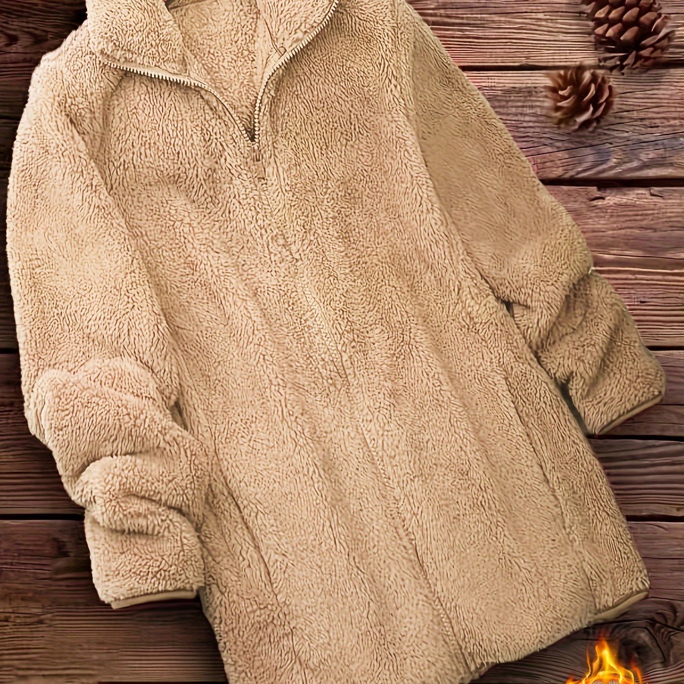 Zip Up Solid Teddy Coat, Casual Long Sleeve Winter Outerwear, Women's Clothing - veyora