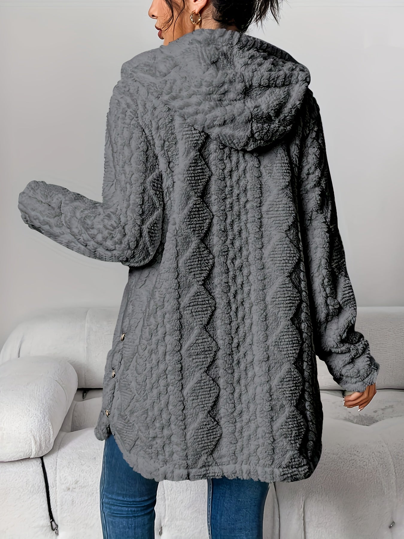Elegant Beige Quilted Faux Fur Hooded Cardigan - Cozy Long Sleeve, Button Front Outerwear with Diamond Pattern, Perfect for Fall/Winter, Machine Washable