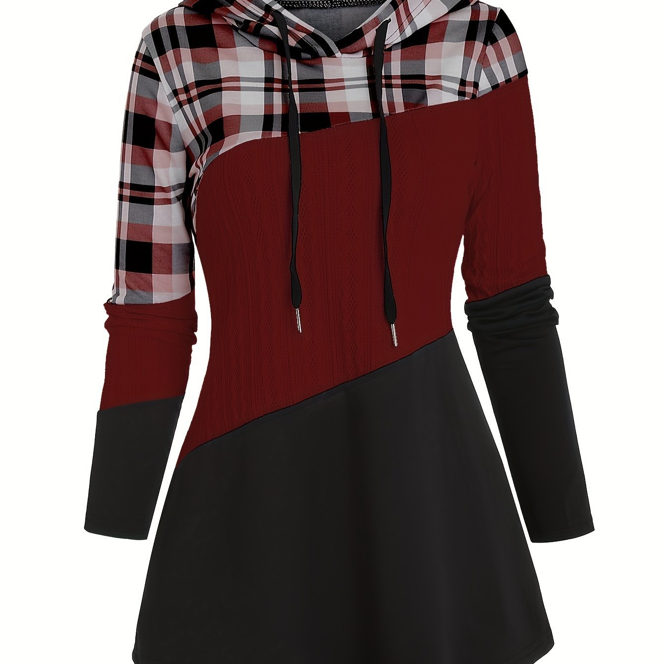Women's Plaid Patchwork Hooded Long Sleeve Drawstring Pullover Casual Fashion Hoodie - veyora
