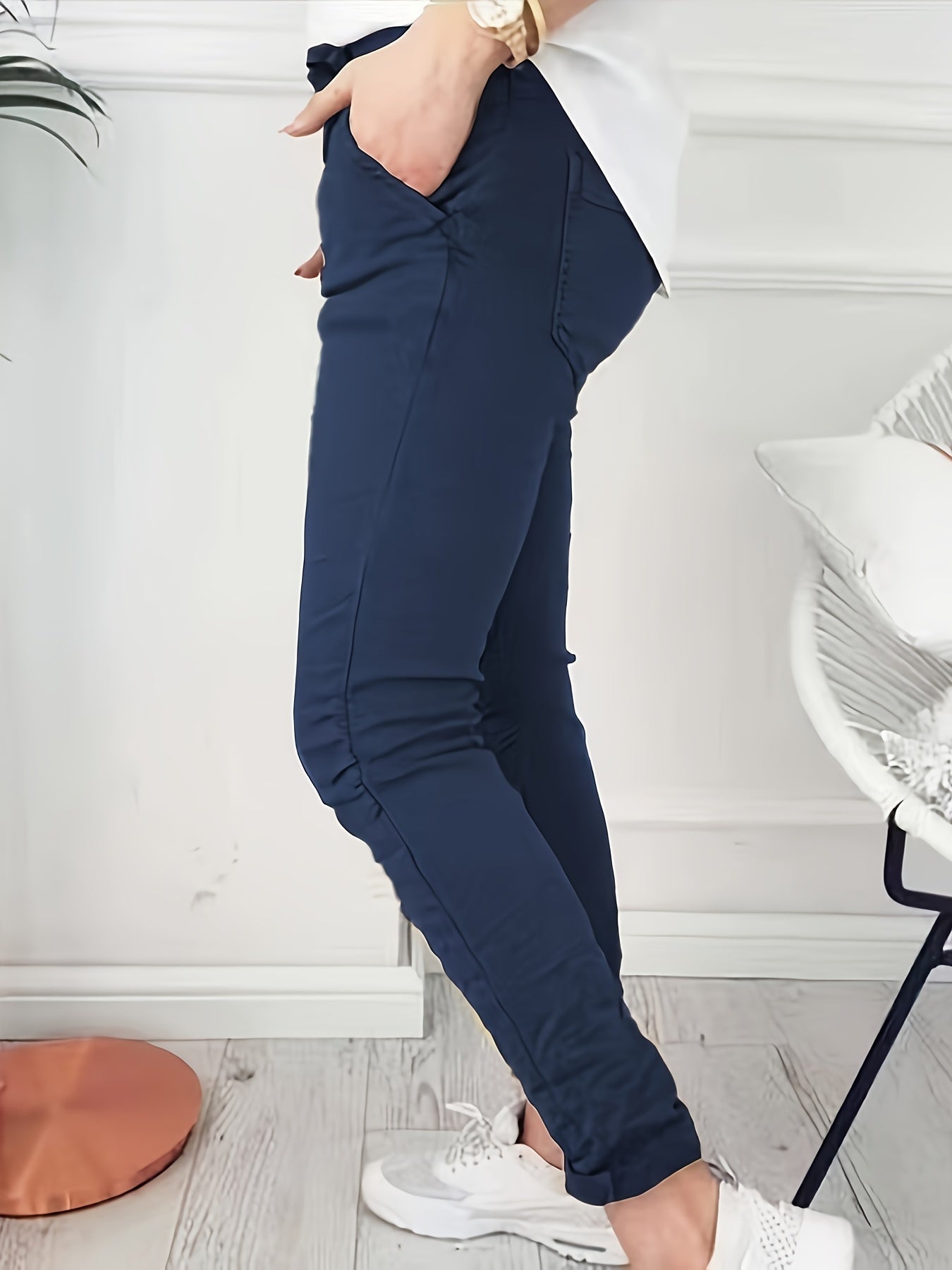 Women's Stretchy Solid Color Casual Pants - High Waist, Drawstring, with Pockets | Machine Washable | Perfect for Spring/Fall - veyora