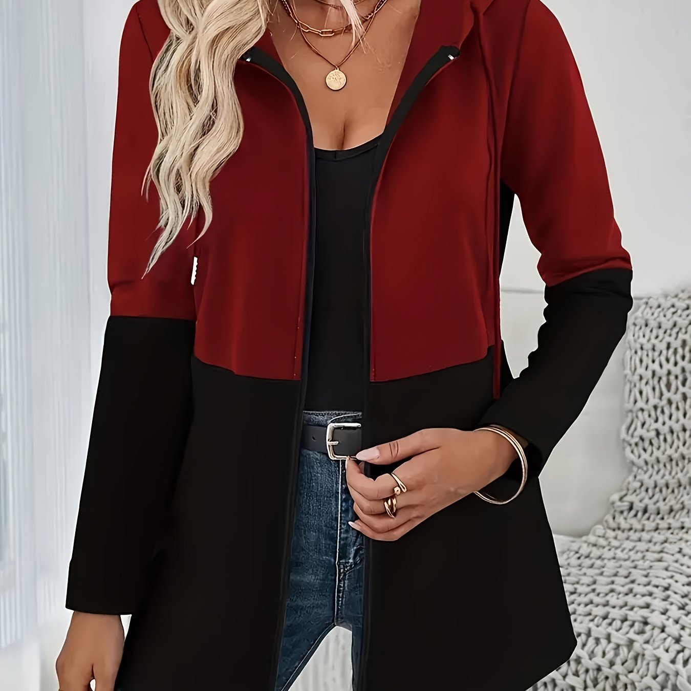 [Women's Color - Block Hoodie] Women's Casual Color - Block Hoodie - Long Sleeve Zip - Up Jacket with Pockets, Two - Tone Design, Machine Washable for Autumn and Winter, Comfort Fit - veyora