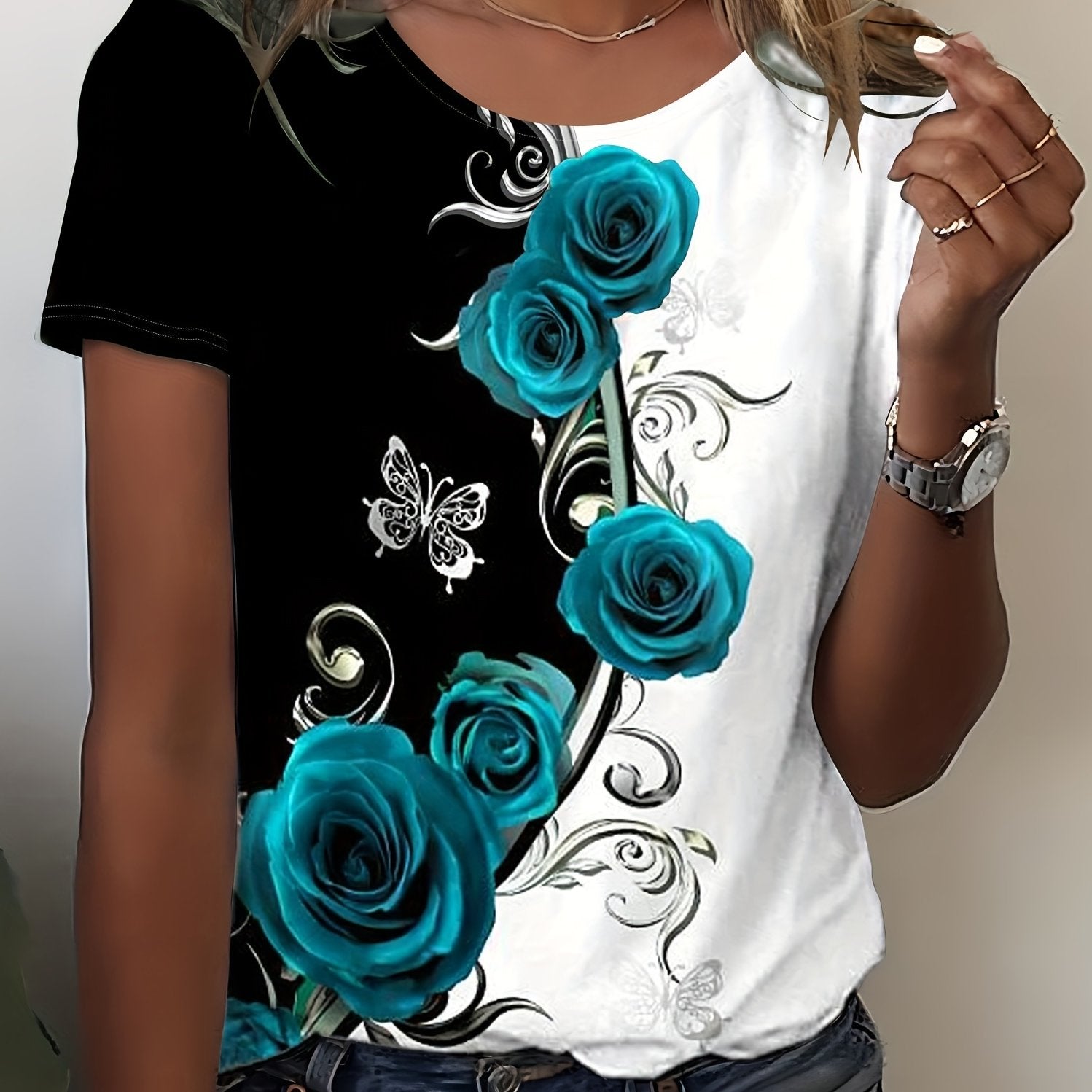 Rose Print Color Block T-shirt, Casual Crew Neck Short Sleeve T-shirt, Women's Clothing - veyora