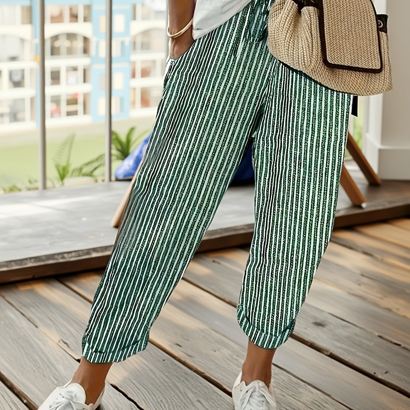 Women's Striped Wide - Leg Casual Pants - High - Waisted, Lightweight Polyester, Machine Washable, All - Season Comfort with Side Stripe Detail - veyora